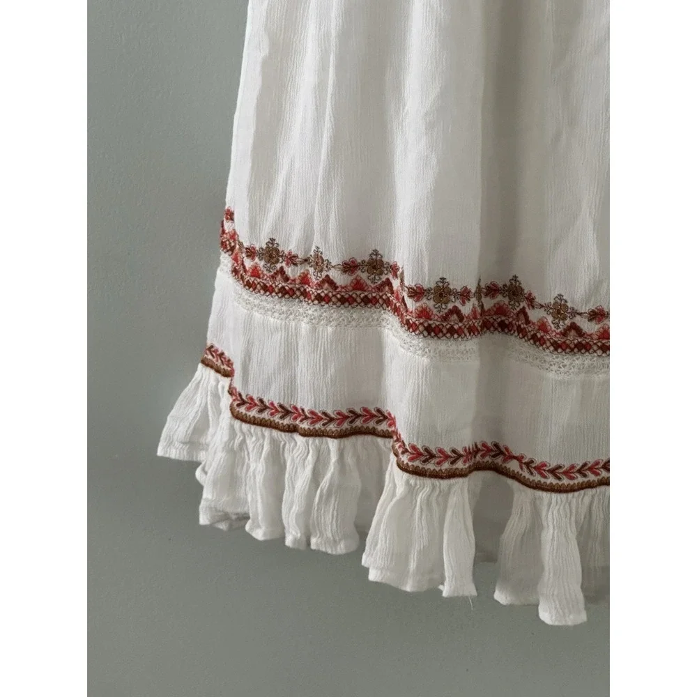Free People Dress XS Sunrise Wanderer Mini Dress Embroidered Floral Boho Peasant
